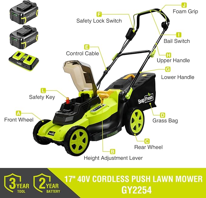 SnapFresh 40V 17” Brushless Lawn Mower – 2 x 5.0Ah Batteries Electric Cordless Push Mower with Fast Charger, 6-Level Height Adjustment, 45L Grass Bag, Lightweight Battery Powered Mower