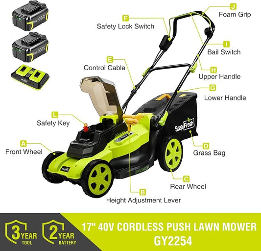 SnapFresh 40V 17” Brushless Lawn Mower – 2 x 5.0Ah Batteries Electric Cordless Push Mower with Fast Charger, 6-Level Height Adjustment, 45L Grass Bag, Lightweight Battery Powered Mower