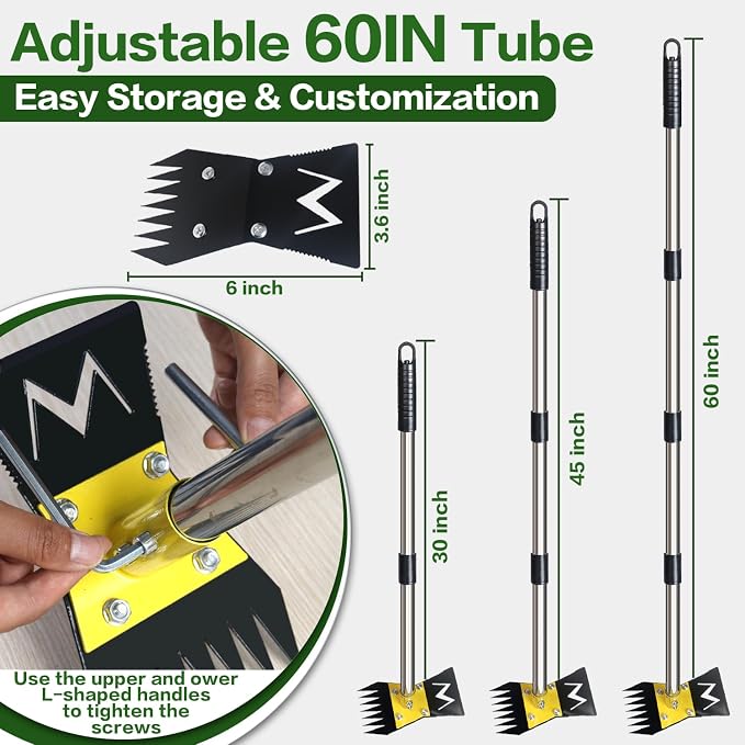 2-in-1 Garden Hoe and Weed Puller Rake, 60 Inch Adjustable Long Handle Weeding Tool Heavy Duty Spring Steel Head, Dual Side Hand Weed Rake, Weed Remover for Garden, Yard, Lawn, Driveway.