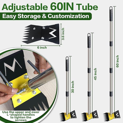 2-in-1 Garden Hoe and Weed Puller Rake, 60 Inch Adjustable Long Handle Weeding Tool Heavy Duty Spring Steel Head, Dual Side Hand Weed Rake, Weed Remover for Garden, Yard, Lawn, Driveway.