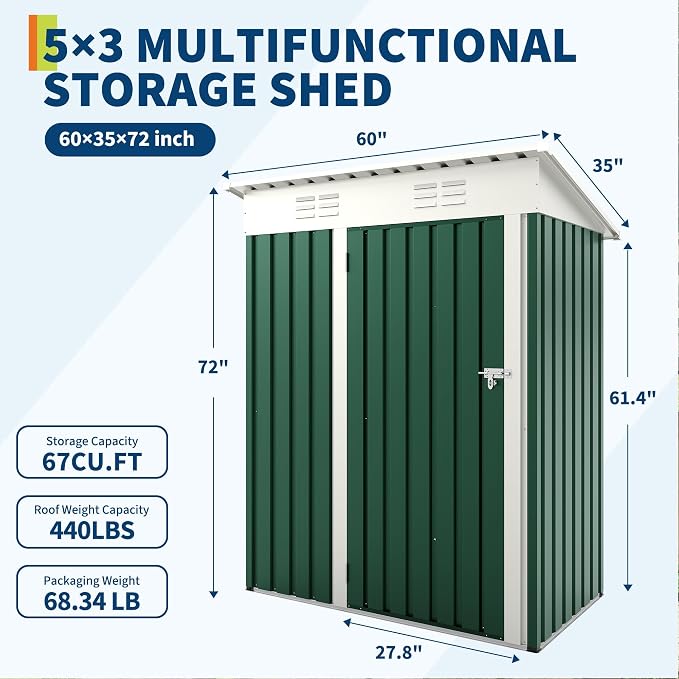 Garvee 5x3 FT Outdoor Storage Shed, Tool Shed with Sloping Roof and Lockable Door, Compact Metal Tool Garden Shed for Garden, Backyard, Patio