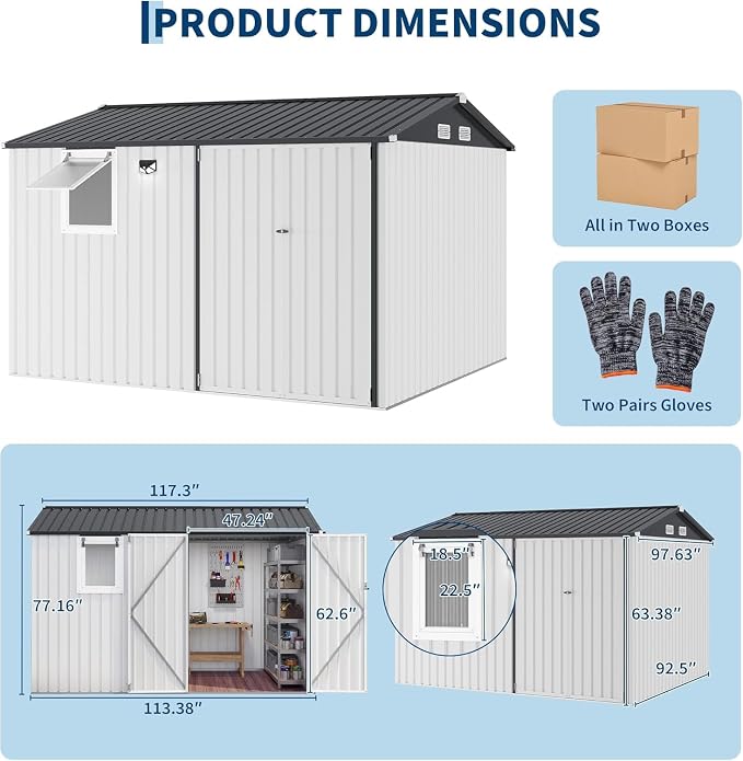 Garvee 10x8 FT Heavy-Duty Metal Outdoor Storage Shed with Solar Light | Motion Sensor Light, Window, Pegboard Tool Organizer, Lockable Doors, 4 Air Vents for Garden Patio Backyard Garage