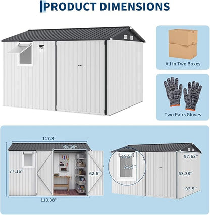 Garvee 10x8 FT Heavy-Duty Metal Outdoor Storage Shed with Solar Light | Motion Sensor Light, Window, Pegboard Tool Organizer, Lockable Doors, 4 Air Vents for Garden Patio Backyard Garage