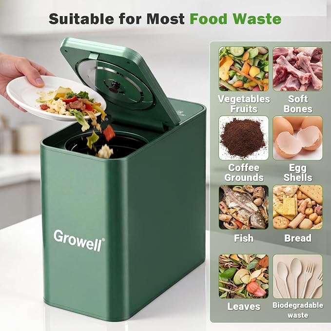 Growell Electric Composter for Kitchen, 3.2L Smart Odorless Compost Bin, Low Noise & Odorless, Indoor Countertop Food Waste Composter with LED Display, One-Touch Operation, Auto-Cleaning, EC04 (Green)