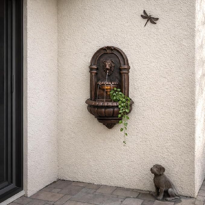 Teamson Home 32.1 in. Wall-Mounted Lion Head Stone LED Outdoor Water Fountain for Gardens, Landscaping, Patios, Balconies, Lawns to Create a Calming Oasis in Outdoor Living Spaces, Antique Bronze | Lion Head, Tiered Water Feature, LED Light, For Garden...