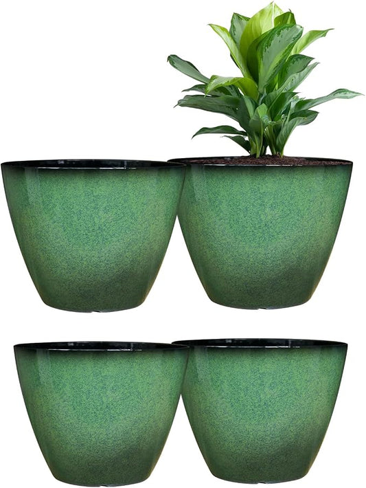 Vanslogreen 8 inch Flower Pots for Indoor Plants, 4 Pack Plastic Plant Pots for Plants with Drainage Holes, Indoor Planter for Outdoor Plants Garden Home Decor, Green