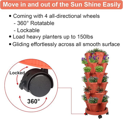 GameXcel Vertical Planter Tower - 6 Tier Stackable Garden Planters with Wheels and Tools Plant Pots for Strawberry Herb Flower and Vegetable Indoor Outdoor Use Red
