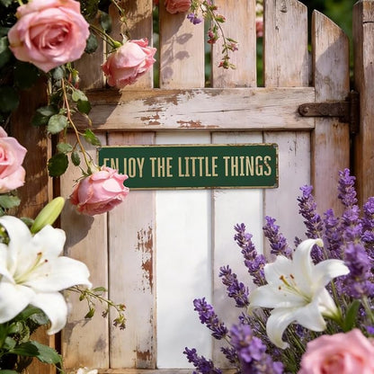 Garden Metal Tin Sign, Vintage Farmhouse Decor, Enjoy the Little Things Inspirational Sign, Garden Wall Art for Yard Fence Door Porch, Rustic Indoor Outdoor Gardening Decoration, 15.7 x 3.9 Inches