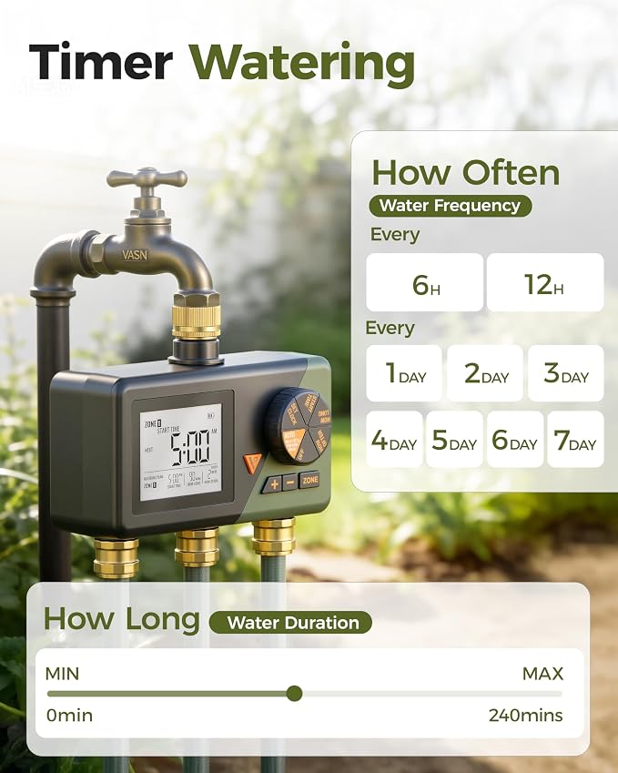 Diivoo Brass 3 Zone Sprinkler Timer, Programmable Hose Timers for Watering | Large Display, Rain Delay & Manual Mode, for Outdoor Automatic Irrigation of Garden, Lawn, Yard
