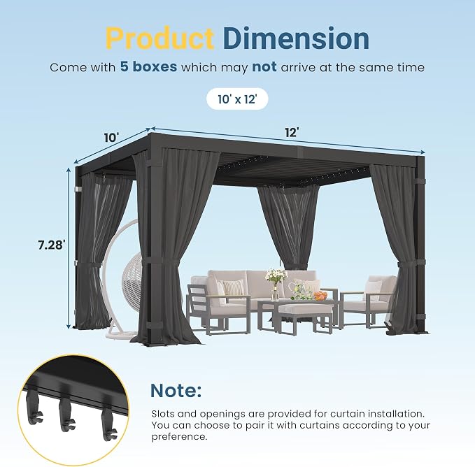 10' x 12' Louvered Pergola, Aluminum Frame Outdoor Pergola with Adjustable Louvered Roof, Curtains & Netting, Patio Hardtop Gazebo with Gutter System for Deck, Garden, Yard, Dark Gray