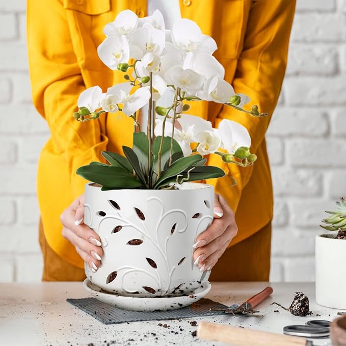 Orchid Pots with Holes, 7 Inch Orchid Pots with Drainage Holes and Tray, Indoor or Outdoor Ceramic Flower Pot for Orchid Care, Promoting Air Circulation - White