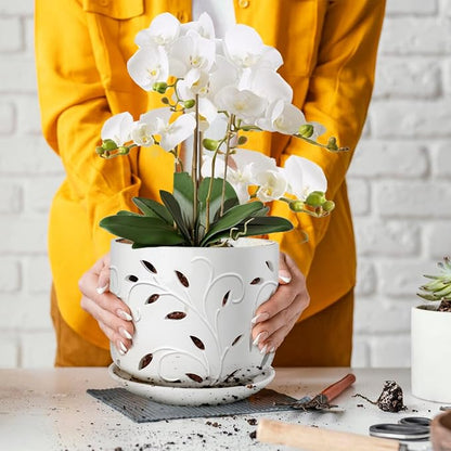 Orchid Pots with Holes, 7 Inch Orchid Pots with Drainage Holes and Tray, Indoor or Outdoor Ceramic Flower Pot for Orchid Care, Promoting Air Circulation - White