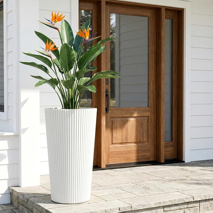 24" H Tall Planters for Outdoor Plants, 2 Pack Large Outdoor Planters for Front Porch Decor with Drainage Hole, Plastic Striped Flower Pots Fits Indoor Plants Patio Garden, Black