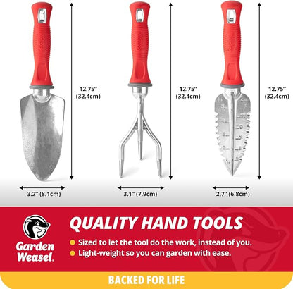 Garden Weasel 3-Piece Hand Tool Combo Set | Trowel, Transplanter and Cultivator | Heavy Duty Lawn and Garden Set, Digging, Planting, and Weeding | 91370