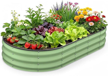 Raised Garden Bed 6×3×1 FT, Galvanized Raised Planter Box, Oval Vegetable Planting Container with Edge Trim, Fruit Green for Backyard Fence Line Side Yard Family Gardening