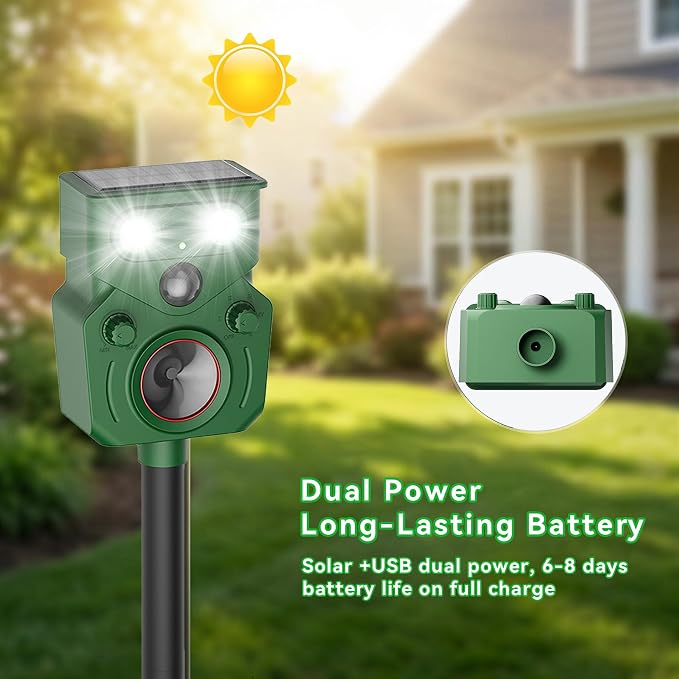 Solar Ultrasonic Animal Repellent Deer Repeller Repel Animals Outdoor Dog Repellent 2 Pack for Yard with Flashing Lights and 5 Working Modes for Garden Lawn Orchard