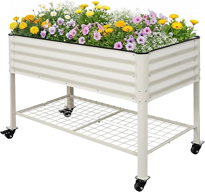 Elevated Raised Garden Bed with Legs and Wheels- 48''x24''x32'' Galvanized Metal Standing Planter Boxes Outdoor with Bottom Storage Shelf for Backyard, Patio, Balcony, Vegetables, Flowers, White