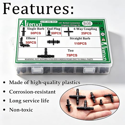 340PCS 1/4" Drip Irrigation Kit Barbed Connectors, Straight Barb, Tee, Single Barb, End Plug, Elbow, 4 Way Coupling Irrigation Fittings for Garden Lawn Flower Pot