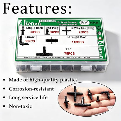 340PCS 1/4" Drip Irrigation Kit Barbed Connectors, Straight Barb, Tee, Single Barb, End Plug, Elbow, 4 Way Coupling Irrigation Fittings for Garden Lawn Flower Pot