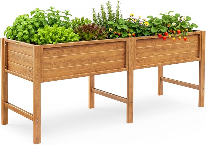 YEFU 72" Large Raised Garden Bed, Wood-Look HIPS 6ft Extra Large Bed, Teak | Extra Large Garden Bed for Backyard Growing, 6ft Design, Wood-Look HIPS, Drainage, 770 lbs High Capacity Support