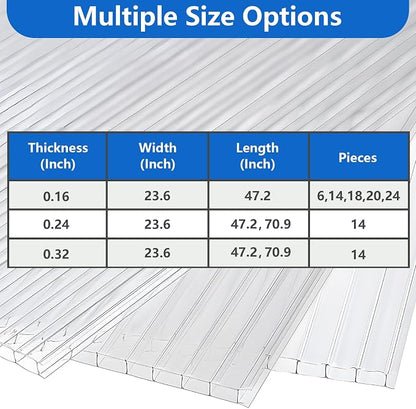 DGSL 14 Pcs Polycarbonate Greenhouse Panels, 6' x 2' x 0.32'' Twin-Wall Panels, Polycarbonate Sheet for All Weather Outdoor Garden and Greenhouse Covering