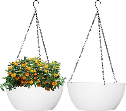 WSMKSZ 10 inch Hanging Planters for Outdoor Indoor Plants with Drainage Holes and Chain, 2 Pack Round Hanging Flower Plant Pots for Garden Home Porch Decor, White