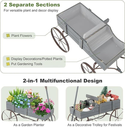 HAPPYGRILL Wooden Wagon Planter, 24.5” x 13.5” x 24” Decorative Garden Planter w/ 2 Planting Sections, Wheels, Handle, Small Decorated Cart, Flower Planter Box for Indoor Outdoor Patio (Grey)