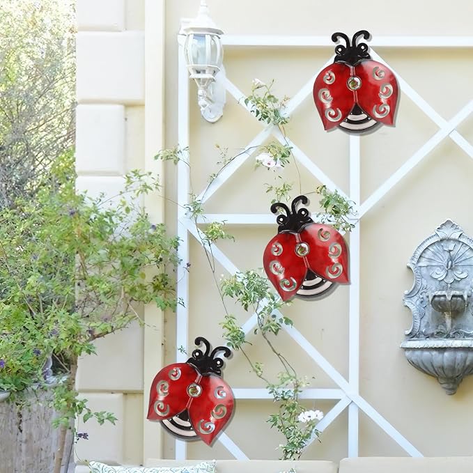 Metal Ladybugs Wall Art Decor, Large Ladybugs Wall Sculpture, Garden Decor | BVLFOOK; Hanging for Outdoor; Garden décor; Yard décor; Lawn Patio; 9.5 * 7 Inch, 3 Pack; Gift for Family