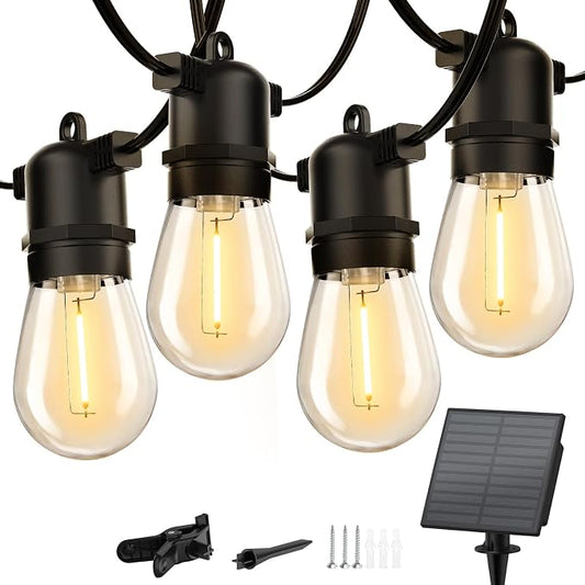 Minetom 34FT Solar String Lights Outdoor with Remote, Patio Lights with 10 LED Shatterproof Bulbs and Hooks, E26 Socket and Type-C Port, Waterproof Hanging Lights for Outside Cafe Garden Bistro