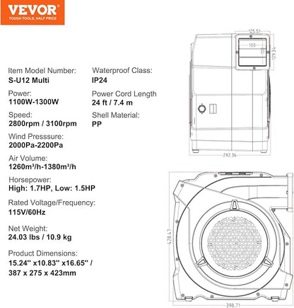 VEVOR Inflatable Blower, Electric Air Blower, Bounce House Blowing Pump, Commercial Corded Fan Pump for Castle Wate Slides Water Slide Bouncy Castle