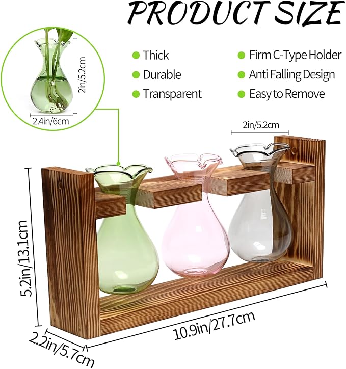 Plant Propagation Station Plant Terrarium Unique Birthday Gifts for Women | Plant Lovers Home Office Decor Planter with Wooden Stand - 3 Bulb Glass Vase