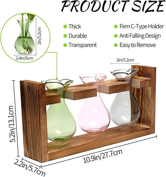 Plant Propagation Station Plant Terrarium Unique Birthday Gifts for Women | Plant Lovers Home Office Decor Planter with Wooden Stand - 3 Bulb Glass Vase