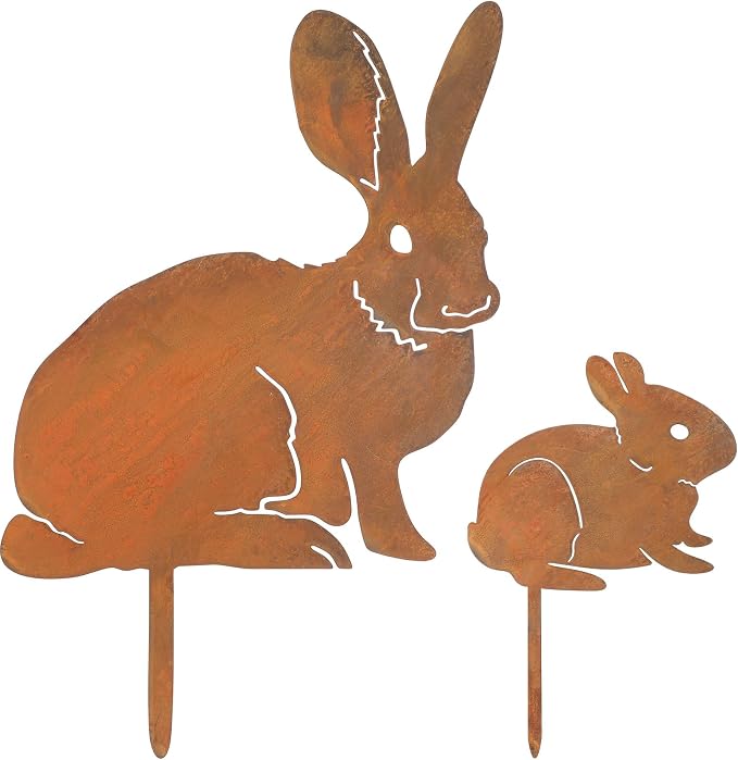 CroBlissful 2 Pack Mama and Baby Bunny Garden Stake, Metal Bunny Statue Realistic Long Ear Rabbit Animal Stake Pack Decorative Yard Stakes Garden Rabbit Statue Outdoor Flowerbed Outdoor Decor, Rust