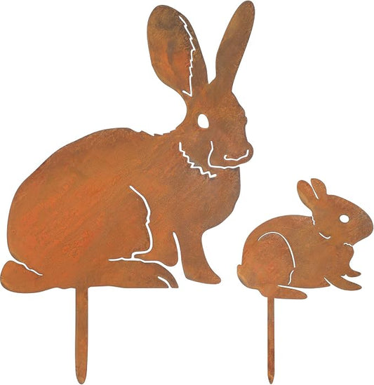 CroBlissful 2 Pack Mama and Baby Bunny Garden Stake, Metal Bunny Statue Realistic Long Ear Rabbit Animal Stake Pack Decorative Yard Stakes Garden Rabbit Statue Outdoor Flowerbed Outdoor Decor, Rust