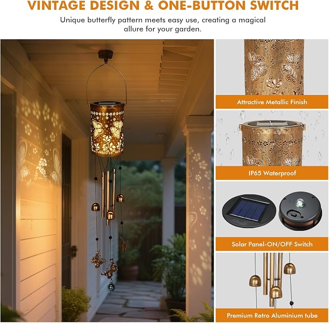 Solar Wind Chimes for Outside - Retro Metal Hanging Solar Lantern for Garden, Patio Decor, IP65 Waterproof Solar Powered Light - Perfect Birthday, for Women(Butterfly)