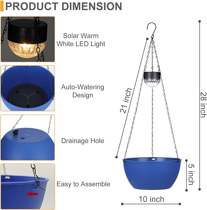 SUNNYPARK 2 Pack Solar Hanging Planters for Plants Outdoor | Self Watering, Blue Flower Pots with Solar Light, Hanging Garden Planters with Drainer for Balcony Patio Outdoor Decor