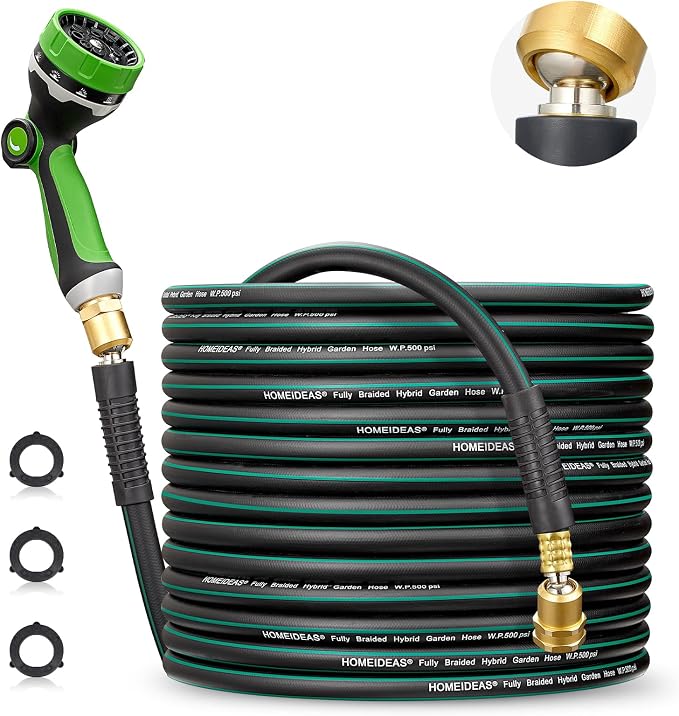HOMEIDEAS 75 ft Rubber Garden Hose with Nozzle - Newly Leak-proof & Kink-free Design | Freely Rotational Spherical Ball Joint, Anticorrosive 3/4" Brass Fittings - Perfect for Outdoor Watering