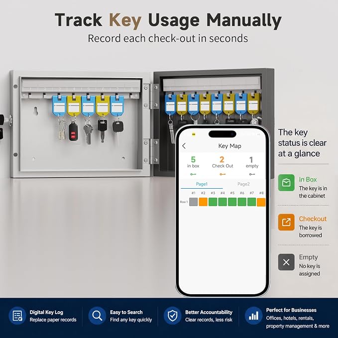 WeHere 16-Key Key Lock Box Wall Mount – Smart Key Cabinet with App, Keypad, Bluetooth & WiFi Unlock (Sold Separately), Key Organizer for Home, Access Log Tracking Key Management for Small Office