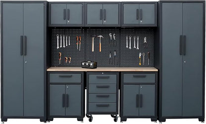 Garage Storage Cabinet System, 9PCS Tool Chest Workbench Storage System in Black, Included Steel Cabinets Drawers Rolling Chest and Pegboard,Locked Garage Storage Cabinet,Grey Handle
