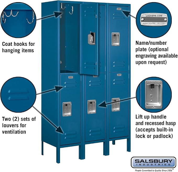 Salsbury Industries 62352BL-U Double Tier 36-Inch Wide 5-Feet High 12-Inch Deep Unassembled Standard Metal Locker, Blue