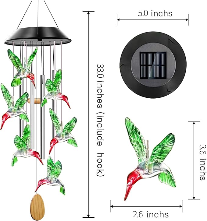 Solar Hummingbird Wind Chimes with 4 Music Aluminum Tubes | Wind Chimes for Outside,Best Gifts for Mom Grandma Women Wife Aunt Sister, Unique Mobile Wind Chime, Garden Yard Decor