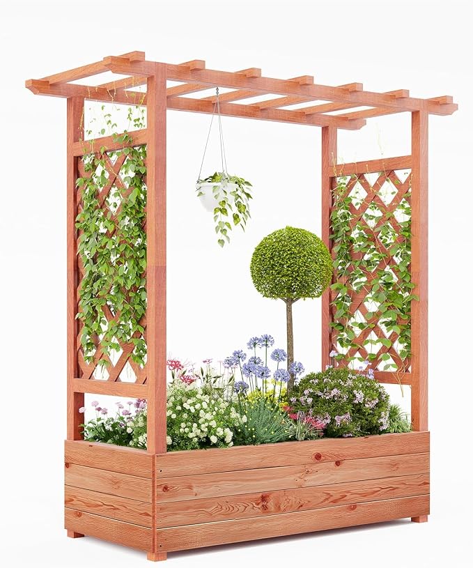 Garvee Raised Garden Bed with Trellis & Hanging Roof, Wood Planter Box with Bottom and Drainage Holes, Freestanding Garden Planter for Flower Vegetable Fruit Herb Climbing Vines, 43“x17“x44“