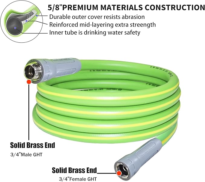 HQMPC Garden Hose 5/8"IDx30' Hose Durable PVC Non Kinking Heavy Water Hose with Brass Hose Fittings Hybrid Lightweight Hose (30 FEET) Light Green