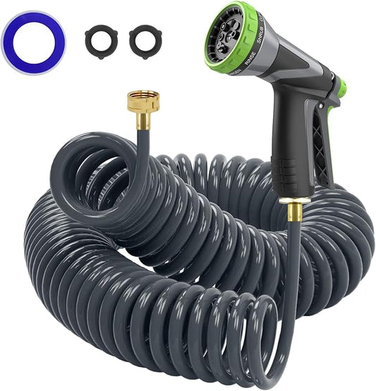 Coil Hose,3/8" EVA Coil Garden Hose 25 FT,Curly Water Hose Lightweight with Brass Connectors,Recoil Garden Hose Includes 8-Pattern Spray Nozzle for Boat, Yard, Patio