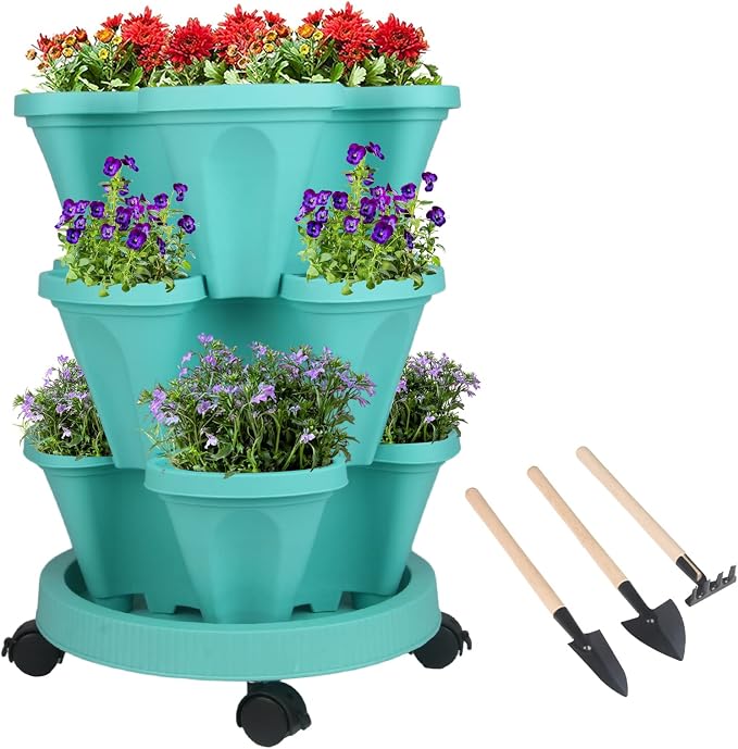GameXcel Vertical Planter Tower - 3 Tier Stackable Garden Planters with Wheels and Tools Plant Pots for Strawberry Herb Flower and Vegetable Indoor Outdoor Use Teal