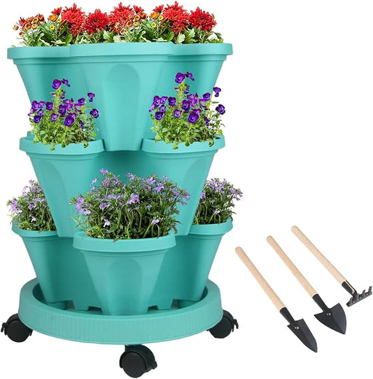 GameXcel Vertical Planter Tower - 3 Tier Stackable Garden Planters with Wheels and Tools Plant Pots for Strawberry Herb Flower and Vegetable Indoor Outdoor Use Teal