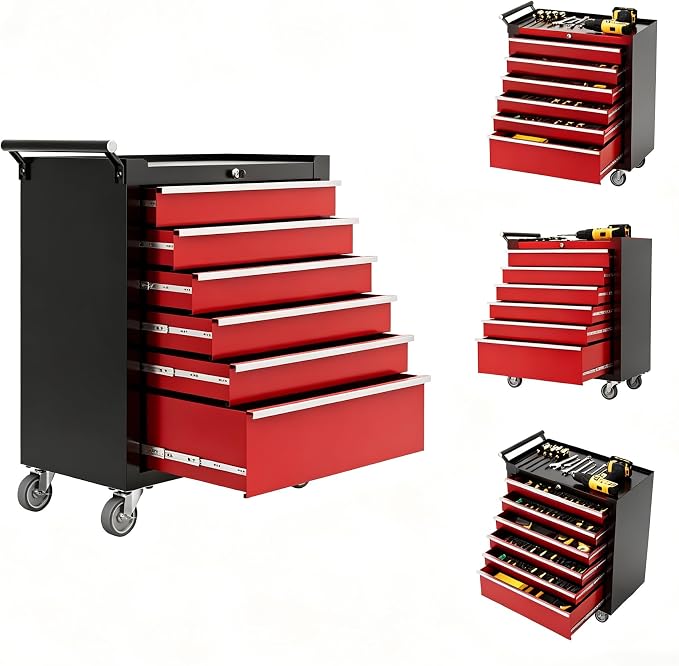 IDEALHOUSE Rolling Tool Chest, 6 Drawers Tool Storage Cabinet, Toolbox with Wheels, Portable Tool Cabinet Organizer with Locking System & Drawer Liners, Tool Storage Cart for Garage, Workshop
