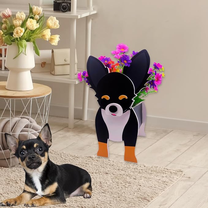 Black and White Chihuahua Dog Planter Pots, 9.84 x 5.91 x 13.46 in | Dog Flower Pot, Cute Animal Shaped Plant Pot, Gifts for Women & Pet Lovers, Indoor Outdoor Garden Home Office Decor