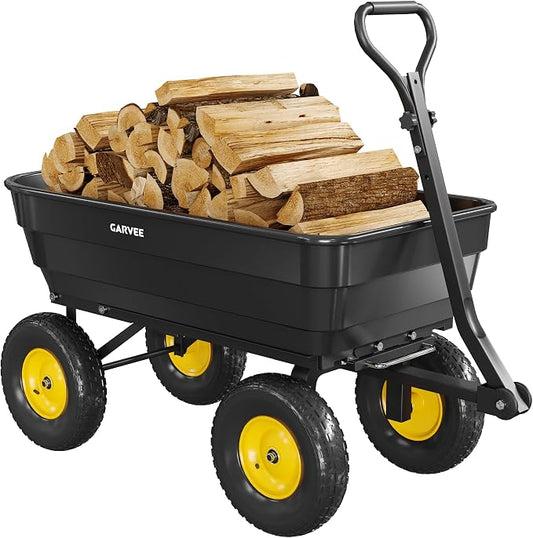 GarveeLife Poly Garden Dump Cart, 1200 lb Wheelbarrow Yard Cart with 13 in Wheels, Quick-Dump & Towable Utility Wagon for Yard, Soil, Rocks（Black）
