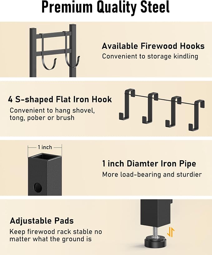 Brightown 34inch Firewood Rack Indoor with Log Carrier, Outdoor Wood Rack for Firewood,Fire Wood Storage with Kindling Hooks, Adjustable Pads, Heavy Duty Logs Holder for Fireplace Deck Outdoor, Black